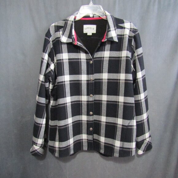 Orvis Black White Plaid Flannel Shirt Shacket Womens XXL Fleece Lined Snap Front - Picture 11 of 11